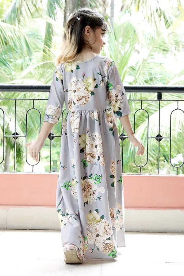 Grey_Round_neck__3/4_Sleeve_Crepe_Blend_Kids_Dress