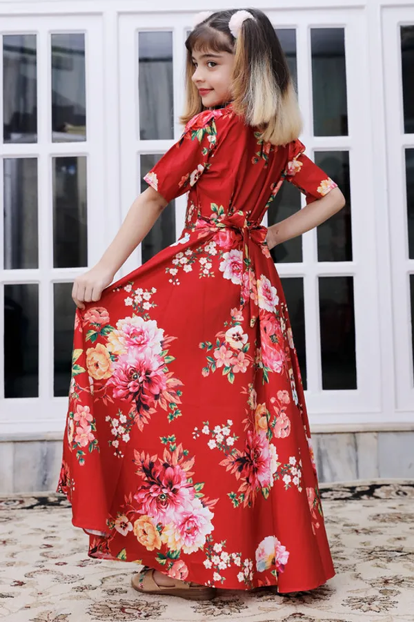 Maroon_U_Neck__Puff_Sleeve_Crepe_Blend_Kids_Dress