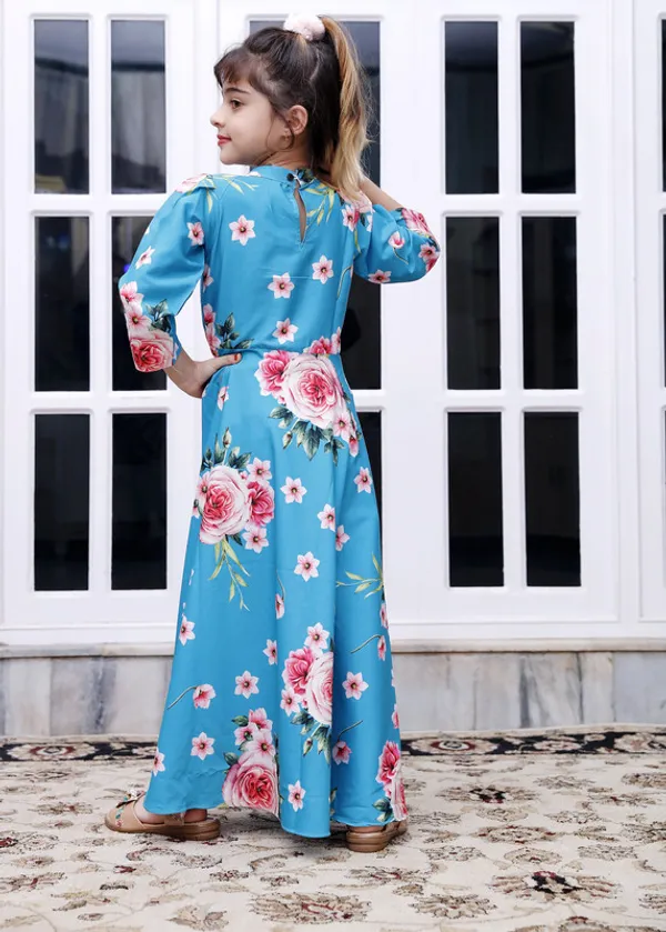 Blue_Keyhole_Neck_3/4_Sleeve_Crepe_Blend_Kids_Dress