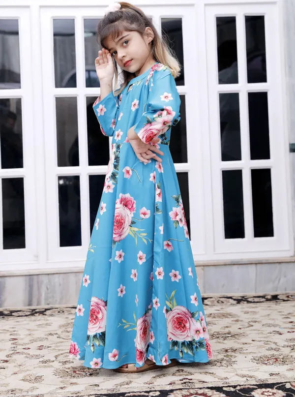 Blue_Keyhole_Neck_3/4_Sleeve_Crepe_Blend_Kids_Dress