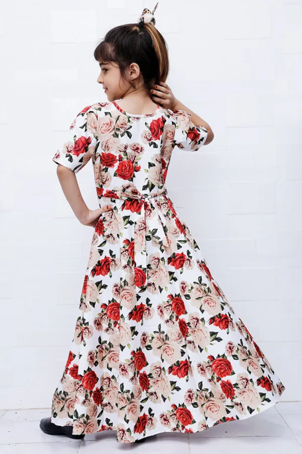 White_V_Neck__Half_Sleeve__Crepe_Blend_Kids_Dress