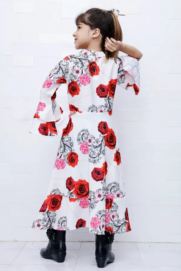 White__Keyhole_Neck_Flared_Sleeve__Crepe_Blend_Kids_Dress