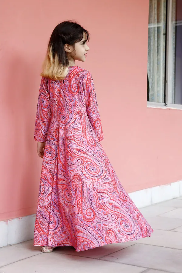 Pink_V_Neck__3/4_Sleeve_Crepe_Blend_Kids_Dress