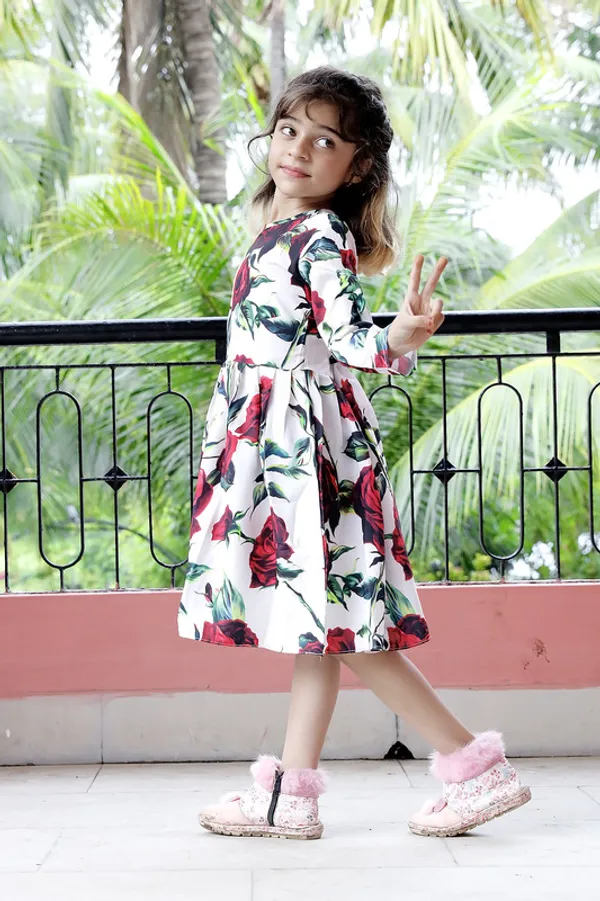 White__Round_Neck__Long_Sleeve_Crepe_Blend_Kids_Dress