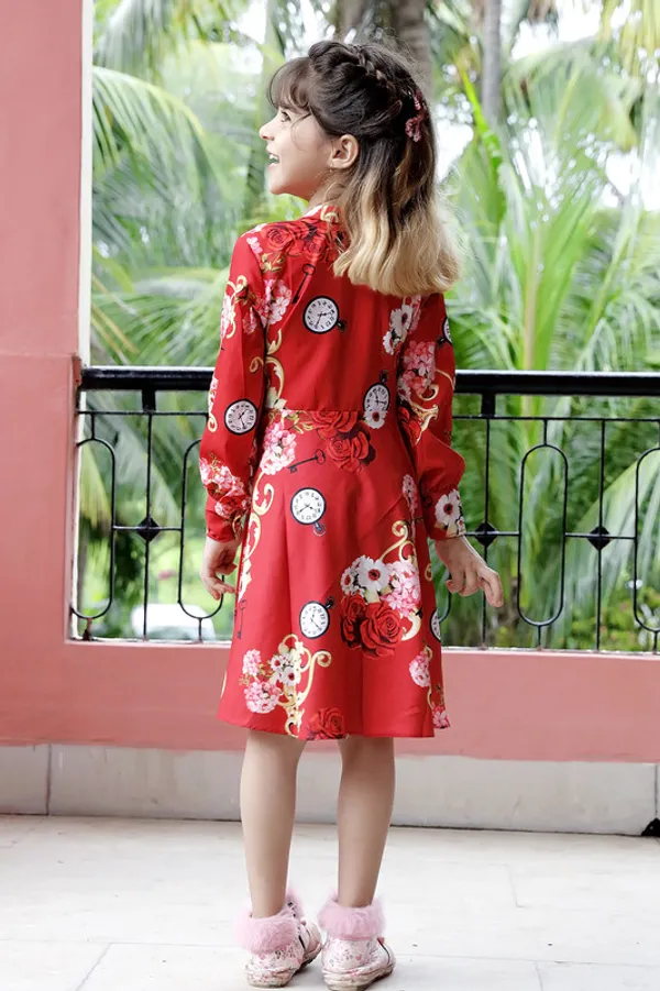 Red_Tie_up_Neck__Cuff_Sleeve__Crepe_Blend_Kids_Dress