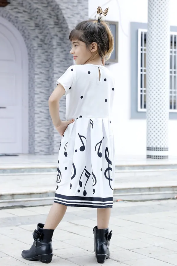 White_Round_Neck__Half_Sleeve_Crepe_Blend_Kids_Dress