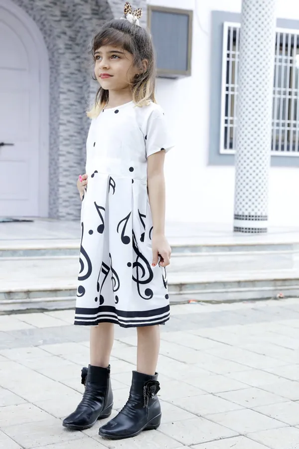 White_Round_Neck__Half_Sleeve_Crepe_Blend_Kids_Dress