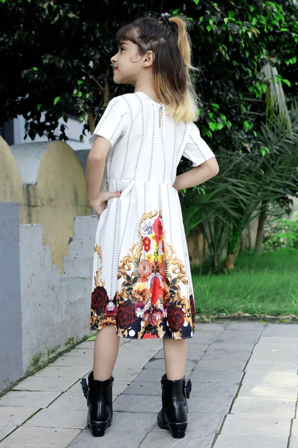 White_Round_Neck__Half_Sleeve_Crepe_Blend_Kids_Dress