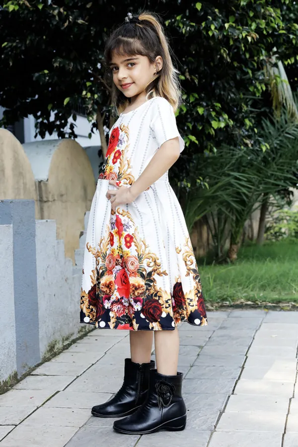White_Round_Neck__Half_Sleeve_Crepe_Blend_Kids_Dress