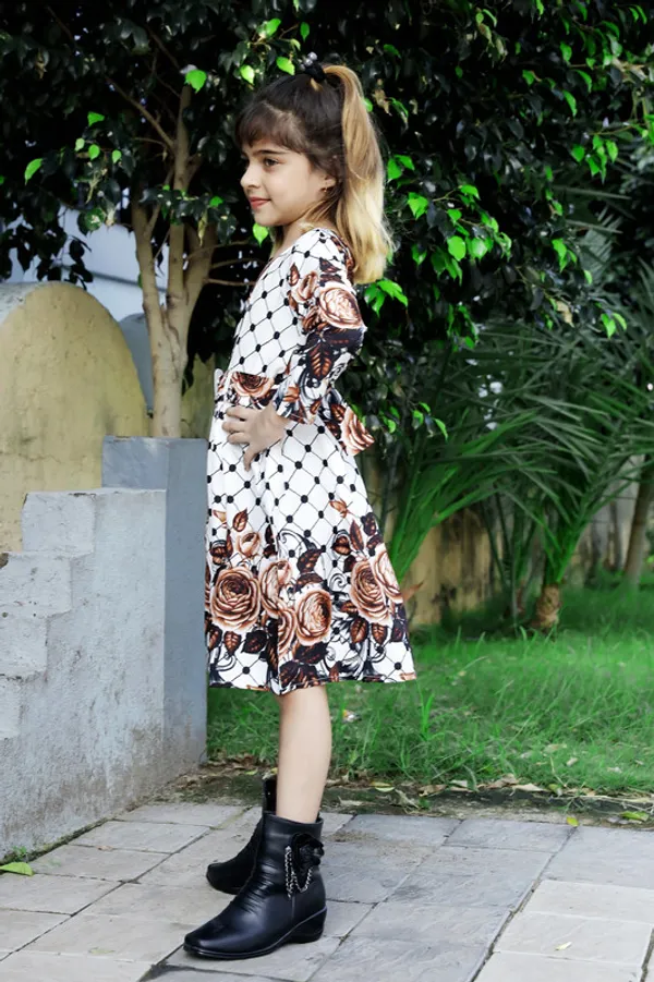 Brown_Square_Neck__3/4_Sleeve_Crepe_Blend_Kids_Dress