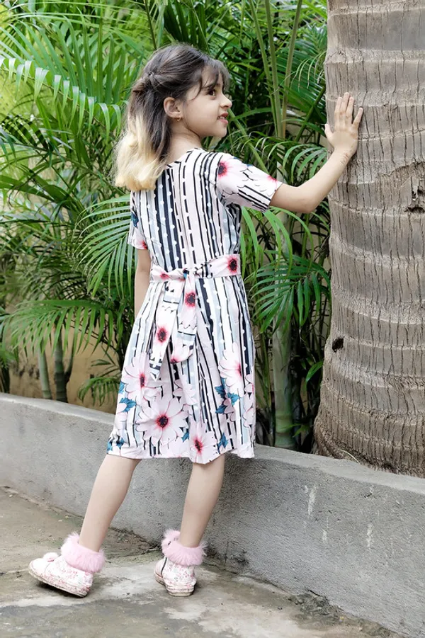 White_Square_Neck__Half_Sleeve_Crepe_Blend_Kids_Dress