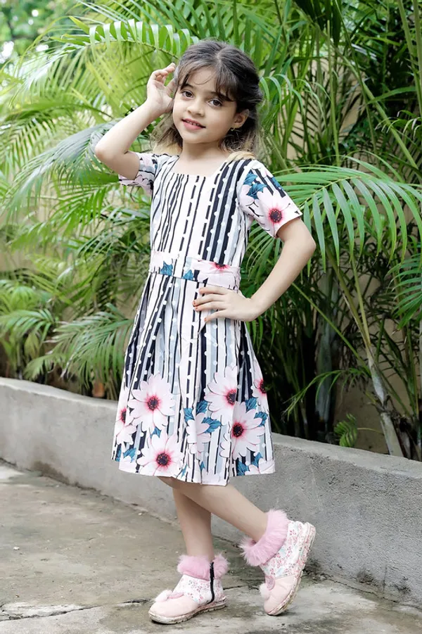 White_Square_Neck__Half_Sleeve_Crepe_Blend_Kids_Dress