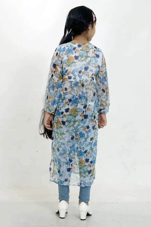 Blue_Tie_Up_Neck__3/4_Sleeve_Georgette__Kids_Dress