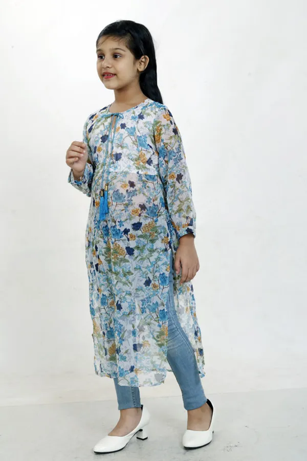 Blue_Tie_Up_Neck__3/4_Sleeve_Georgette__Kids_Dress
