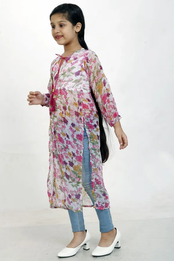 Pink__Tie_Up_Neck__3/4_Sleeve_Georgette__Kids_Dress