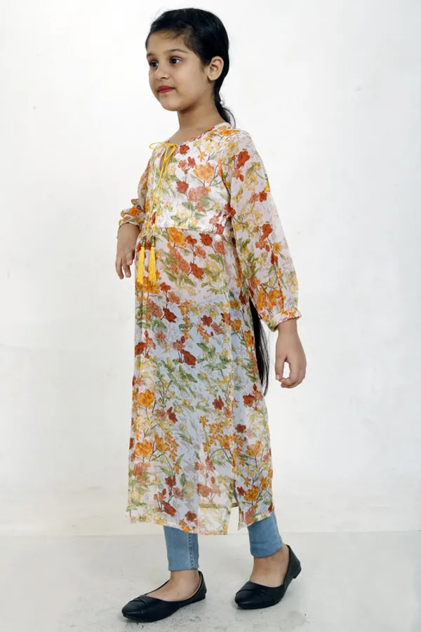 Orange__Tie_Up_Neck__3/4_Sleeve_Georgette__Kids_Dress