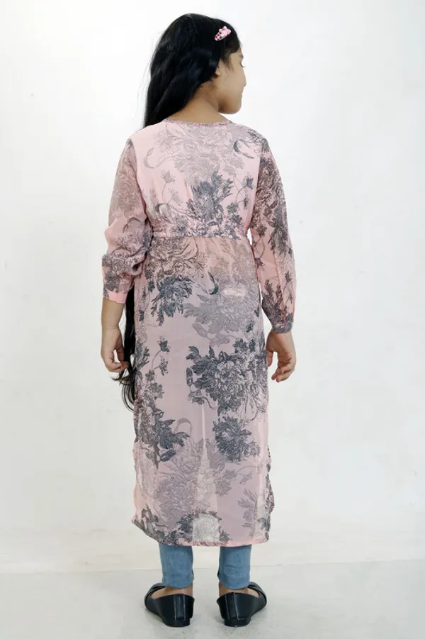 Peach__Tie_Up_Neck__3/4_Sleeve_Georgette__Kids_Dress