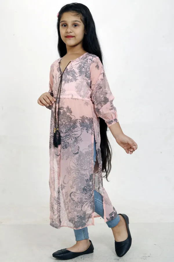 Peach__Tie_Up_Neck__3/4_Sleeve_Georgette__Kids_Dress