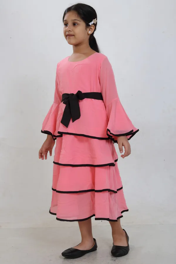 Pink__Round_Neck_Flared_Sleeve__Georgette__Kids_Dress
