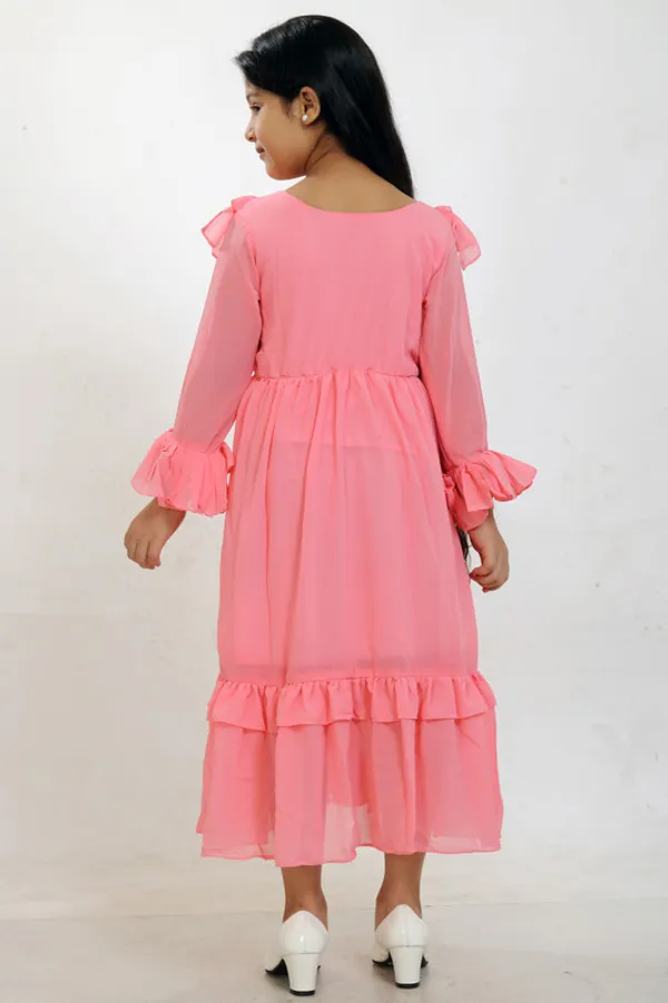 Pink__V_Neck__Bell_Sleeve__Georgette__Kids_Dress