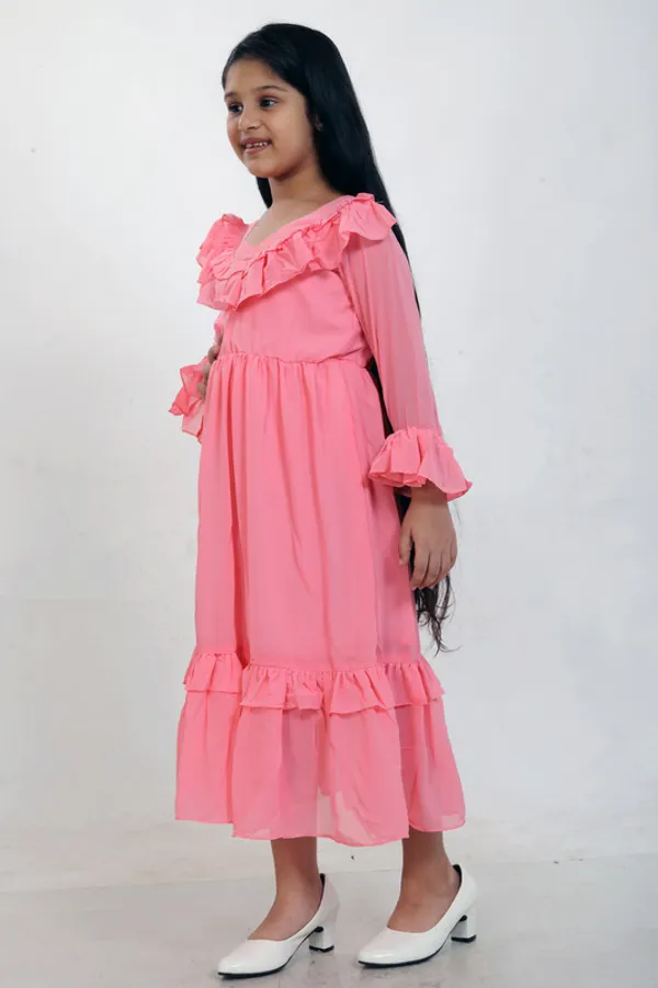 Pink__V_Neck__Bell_Sleeve__Georgette__Kids_Dress