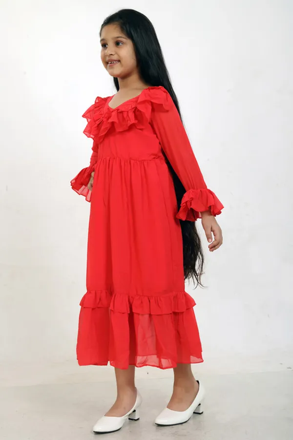 Red_V_Neck__Bell_Sleeve__Georgette__Kids_Dress