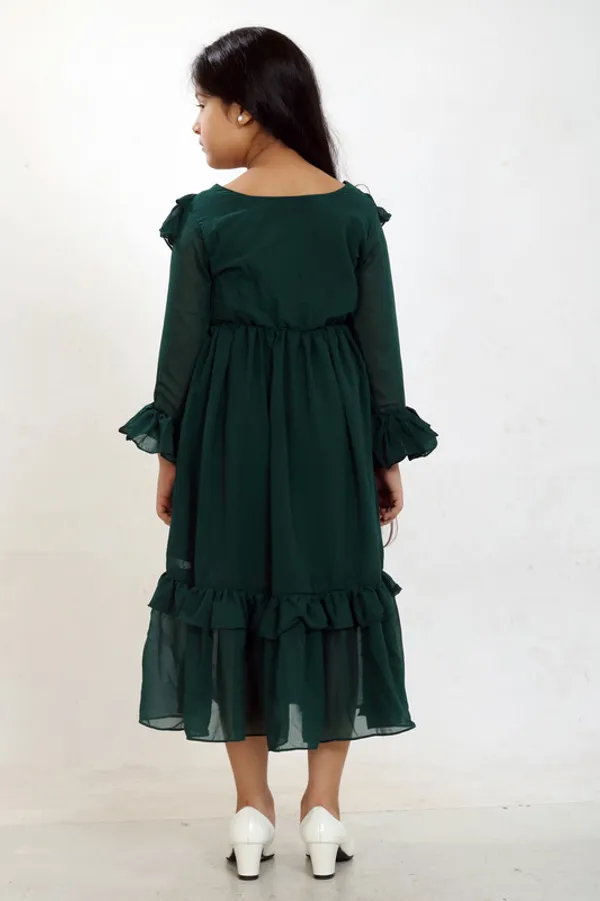 Bottle_Green_V_Neck__Bell_Sleeve__Georgette__Kids_Dress