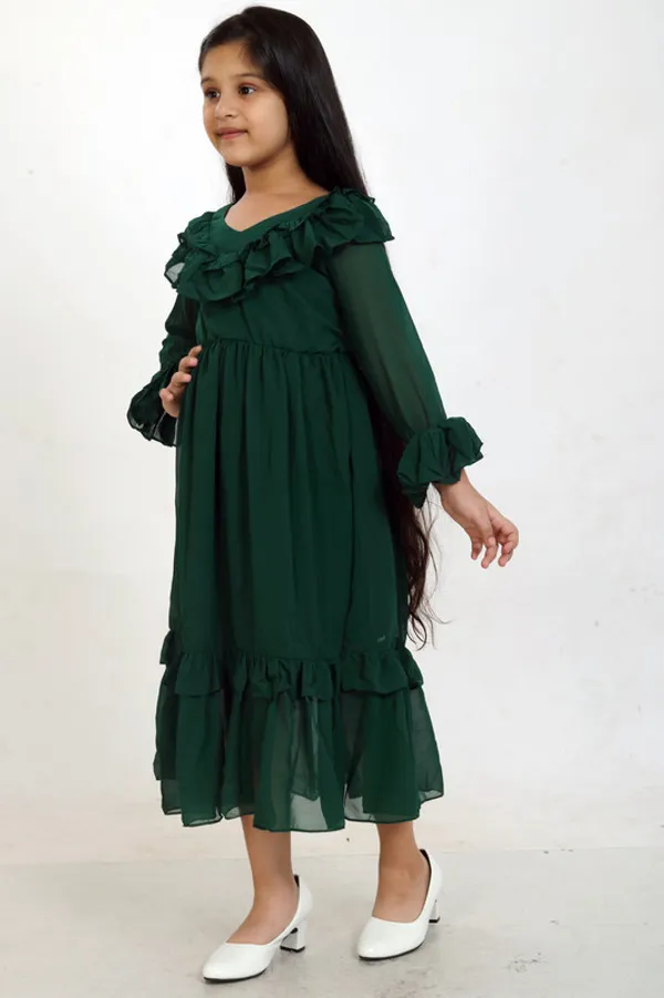 Bottle_Green_V_Neck__Bell_Sleeve__Georgette__Kids_Dress