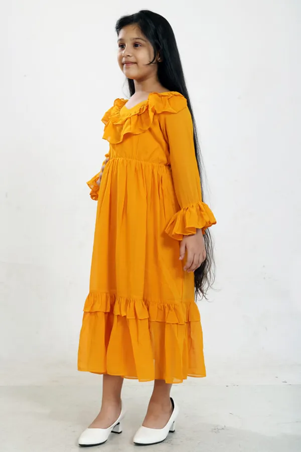 Yellow_V_Neck__Bell_Sleeve__Georgette__Kids_Dress