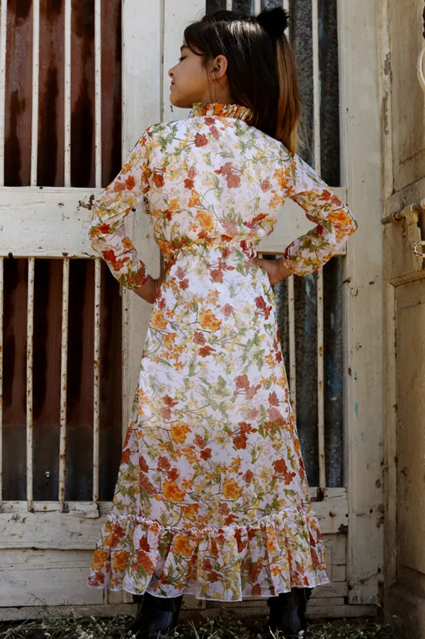 Orange__Tie_up_Neck__3/4_Sleeve_Georgette__Kids_Dress