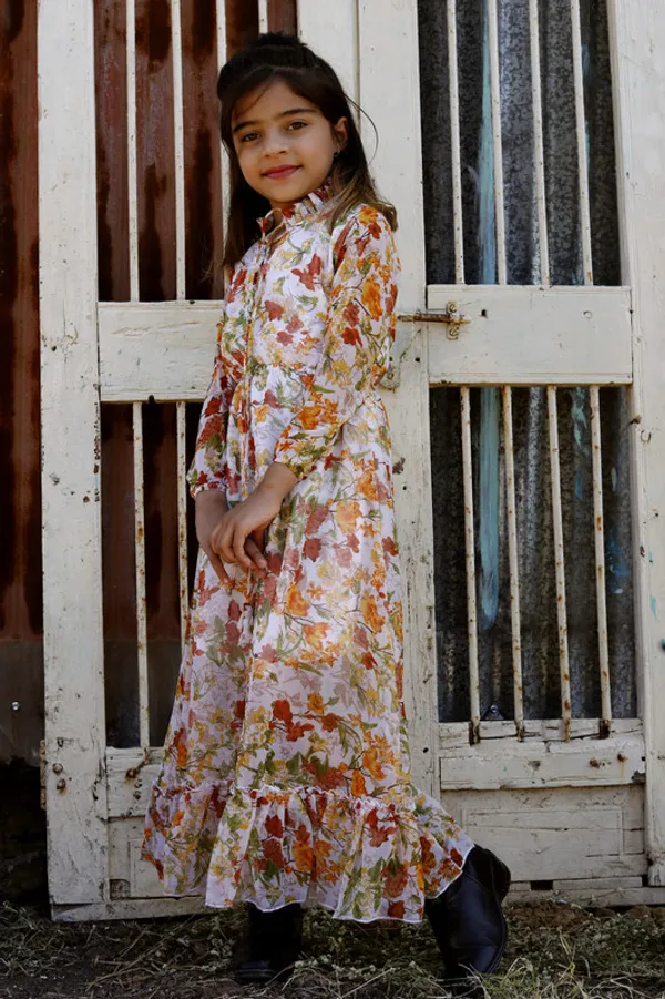 Orange__Tie_up_Neck__3/4_Sleeve_Georgette__Kids_Dress