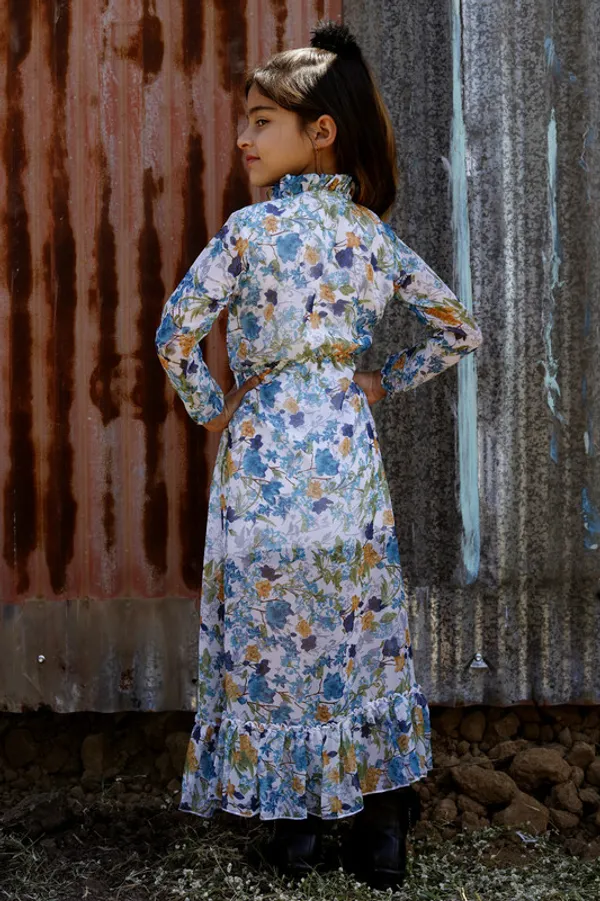 Blue__Tie_up_Neck__3/4_Sleeve_Georgette__Kids_Dress