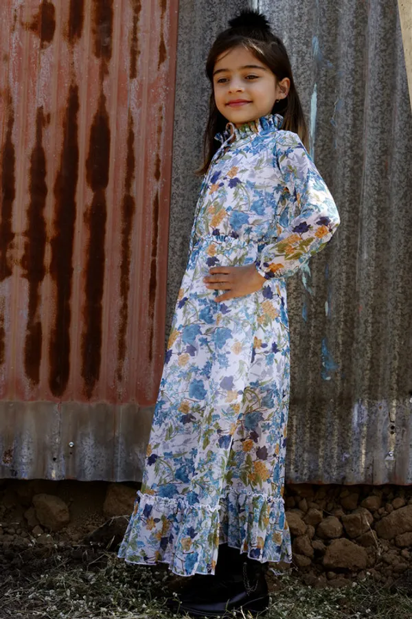 Blue__Tie_up_Neck__3/4_Sleeve_Georgette__Kids_Dress