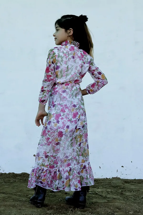 Pink_Tie_up_Neck__3/4_Sleeve_Georgette__Kids_Dress