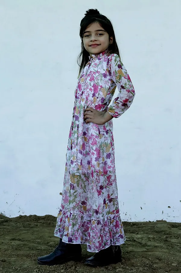 Pink_Tie_up_Neck__3/4_Sleeve_Georgette__Kids_Dress