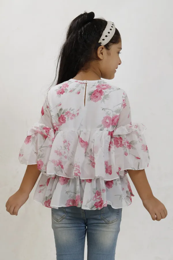 White_And_Pink_Round_Neck__Flared_Sleeve_Georgette__Kids_Regular_Top