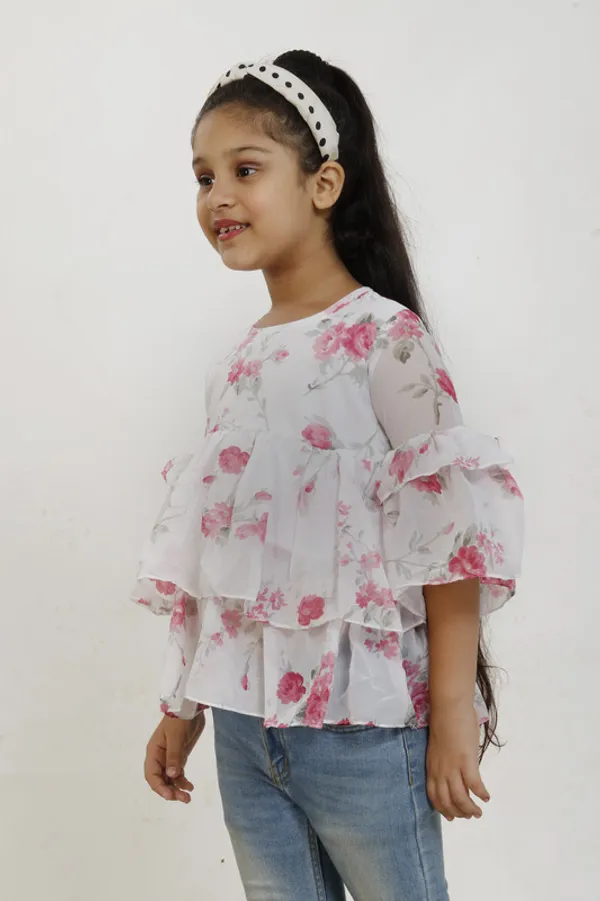 White_And_Pink_Round_Neck__Flared_Sleeve_Georgette__Kids_Regular_Top
