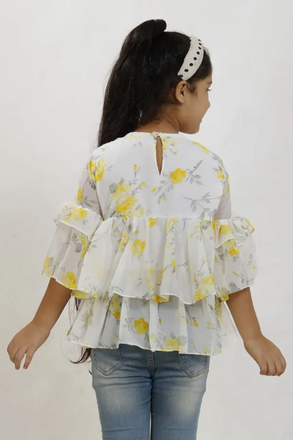 White_And_Yellow_Round_Neck__Flared_Sleeve_Georgette__Kids_Regular_Top