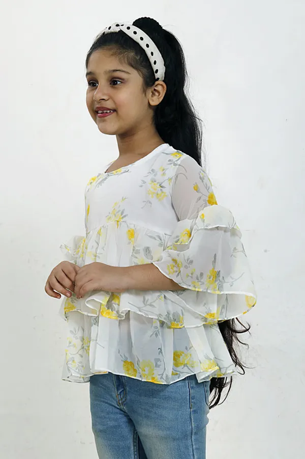 White_And_Yellow_Round_Neck__Flared_Sleeve_Georgette__Kids_Regular_Top