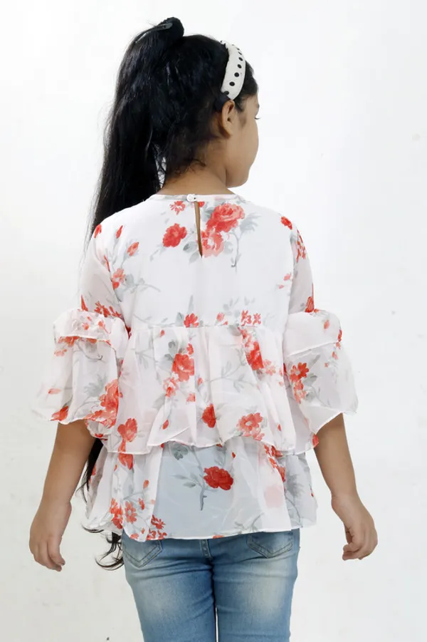 White_And_Orange_Round_Neck__Flared_Sleeve_Georgette__Kids_Regular_Top