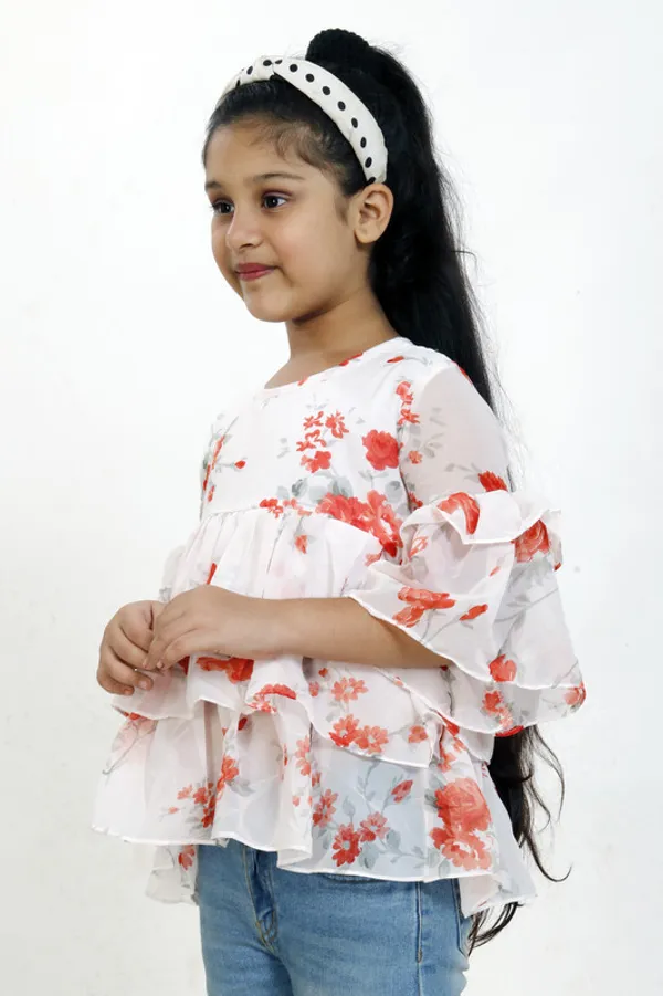 White_And_Orange_Round_Neck__Flared_Sleeve_Georgette__Kids_Regular_Top