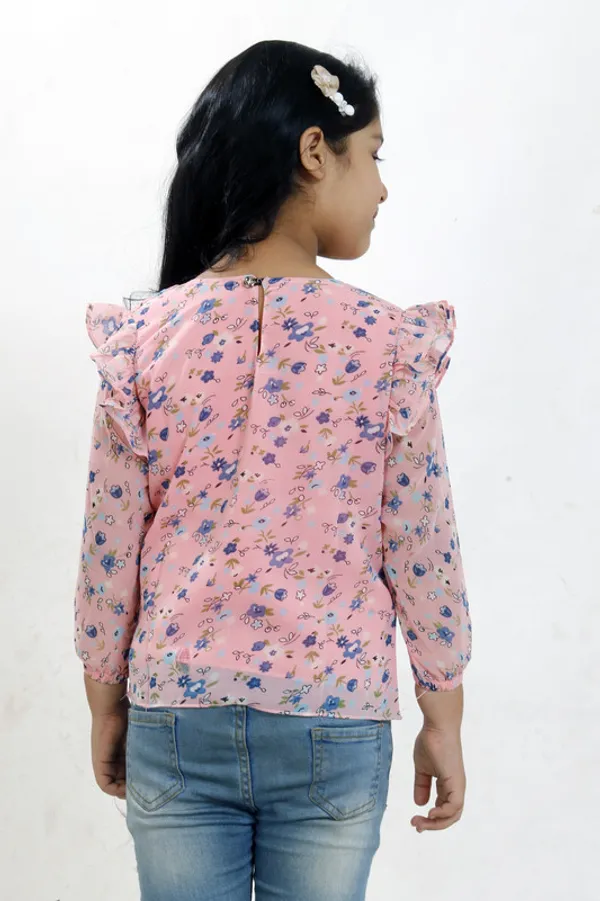Peach_Round_Neck__3/4_Sleeve_Georgette__Kids_Regular_Top