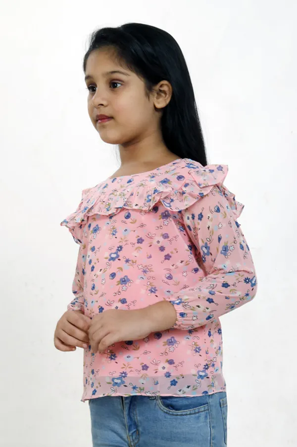 Peach_Round_Neck__3/4_Sleeve_Georgette__Kids_Regular_Top