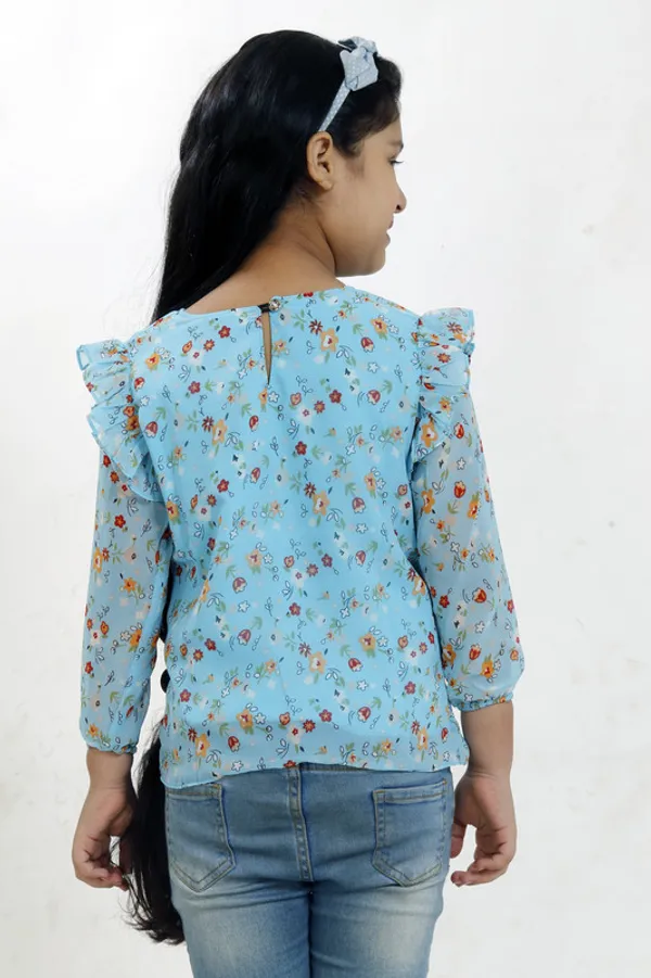 Blue__Round_Neck__3/4_Sleeve_Georgette__Kids_Regular_Top