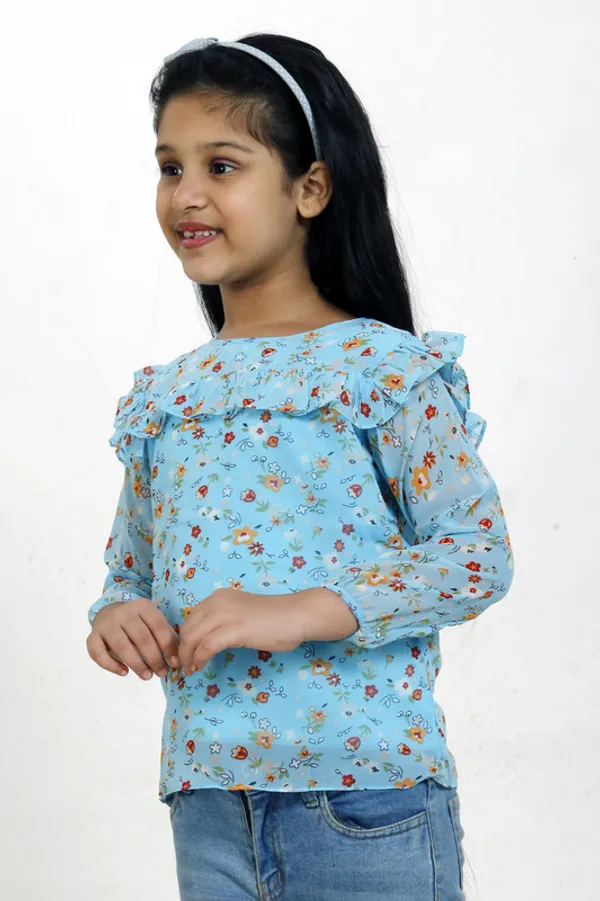 Blue__Round_Neck__3/4_Sleeve_Georgette__Kids_Regular_Top