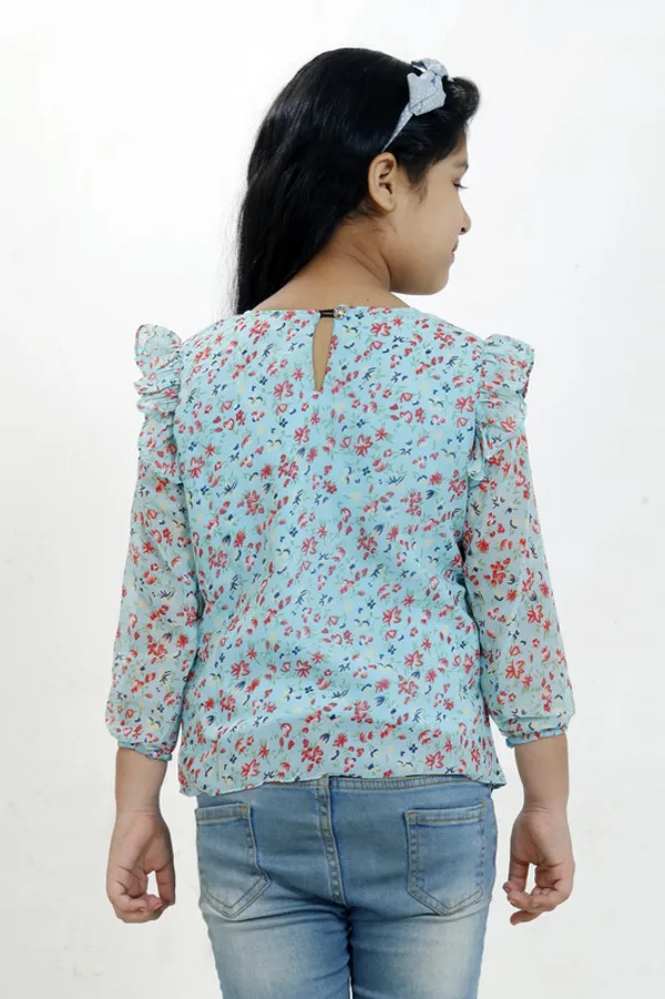 Sky_Blue__Round_Neck__3/4_Sleeve_Georgette__Kids_Regular_Top