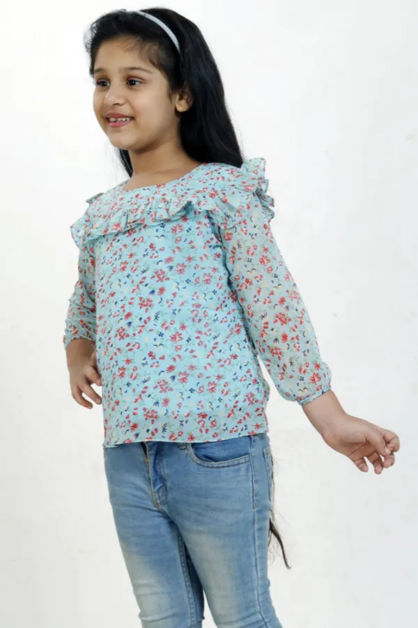 Sky_Blue__Round_Neck__3/4_Sleeve_Georgette__Kids_Regular_Top