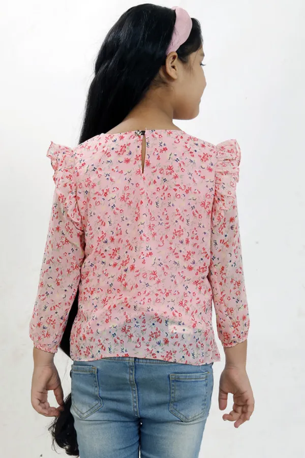 Pink_Round_Neck__3/4_Sleeve_Georgette__Kids_Regular_Top