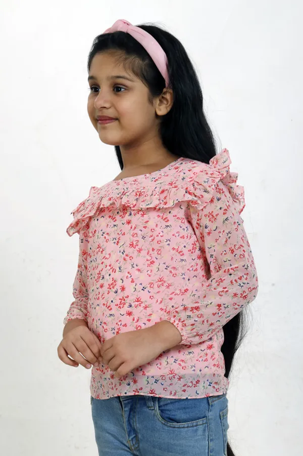 Pink_Round_Neck__3/4_Sleeve_Georgette__Kids_Regular_Top