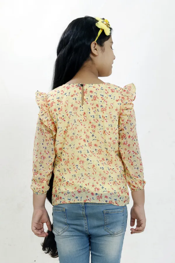 Yellow_Round_Neck__3/4_Sleeve_Georgette__Kids_Regular_Top